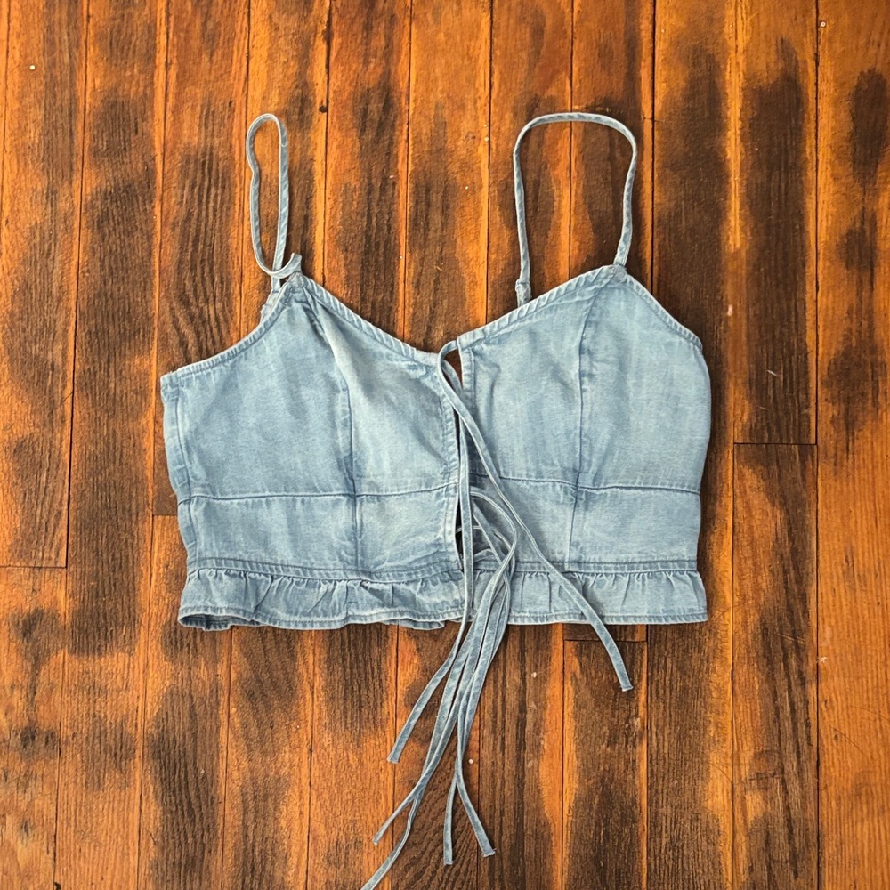 Aerie Denim Blue Crop Top with Tie Front
